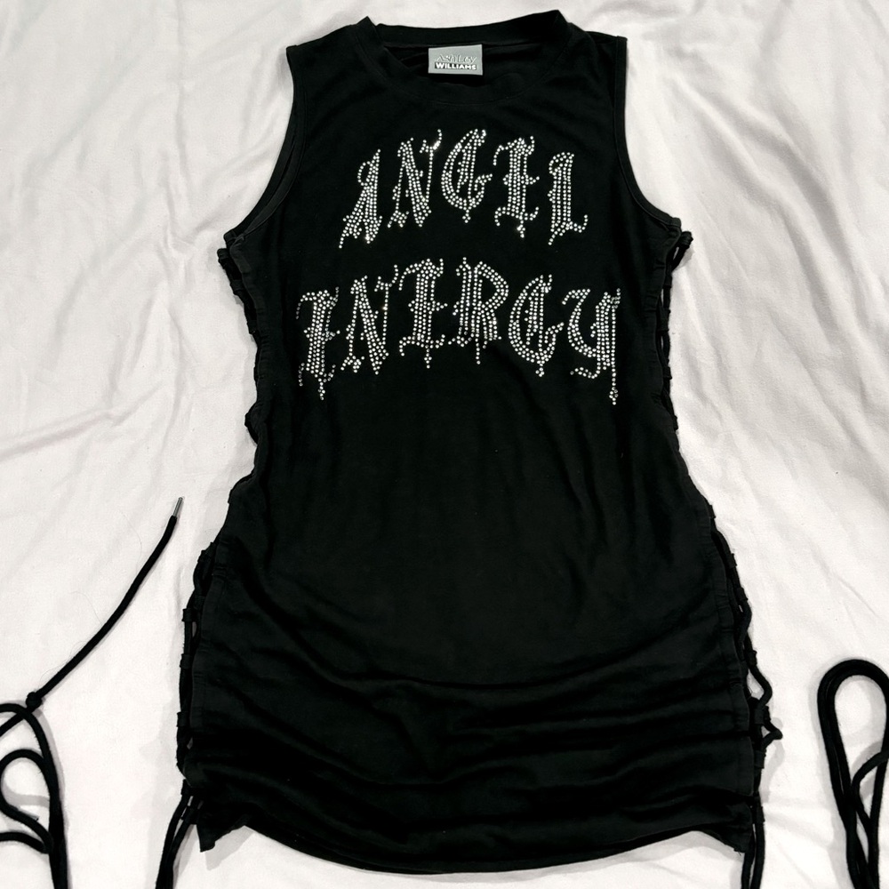 Ashley Williams Black Lace-up Dress with Crystal Text ‘Angel Energy’